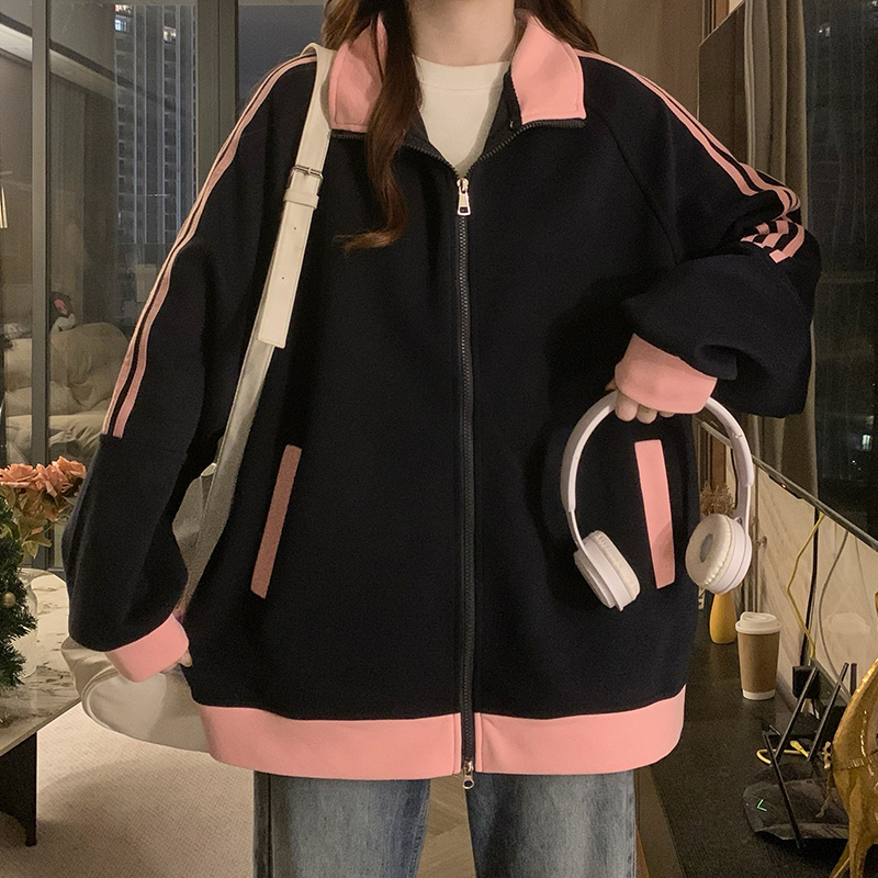 Loose American style jacket cstand collar hoodie for women