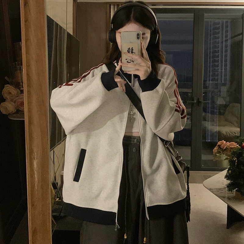 Loose American style jacket cstand collar hoodie for women