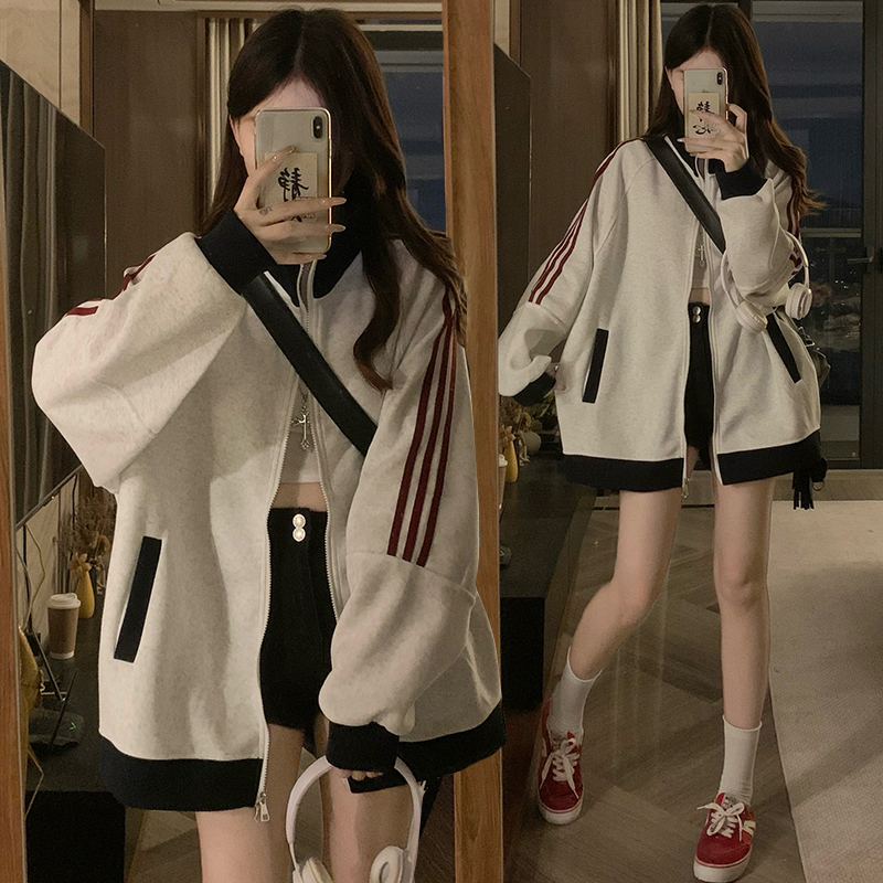 Loose American style jacket cstand collar hoodie for women