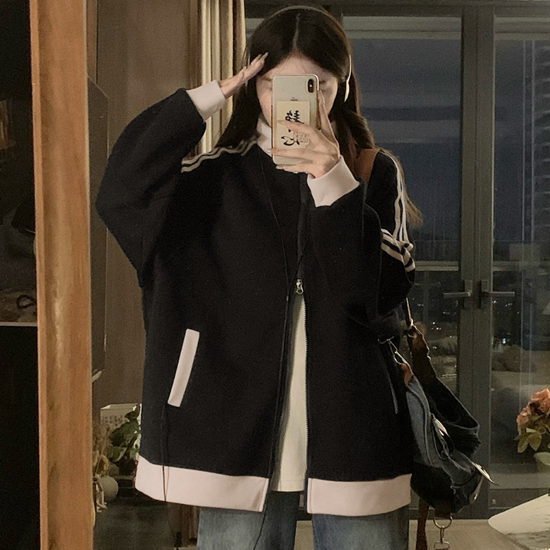 Loose American style jacket cstand collar hoodie for women