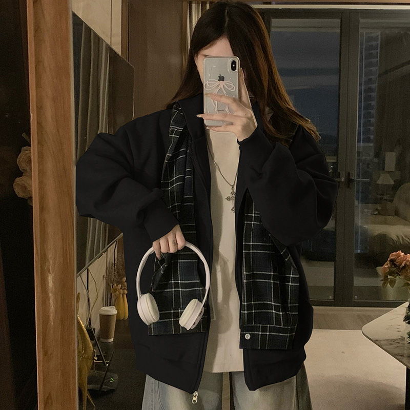 Niche American style hooded coat loose splice cardigan