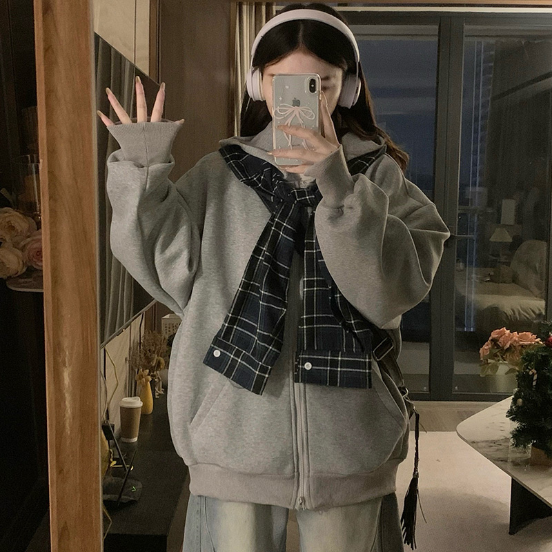 Niche American style hooded coat loose splice cardigan