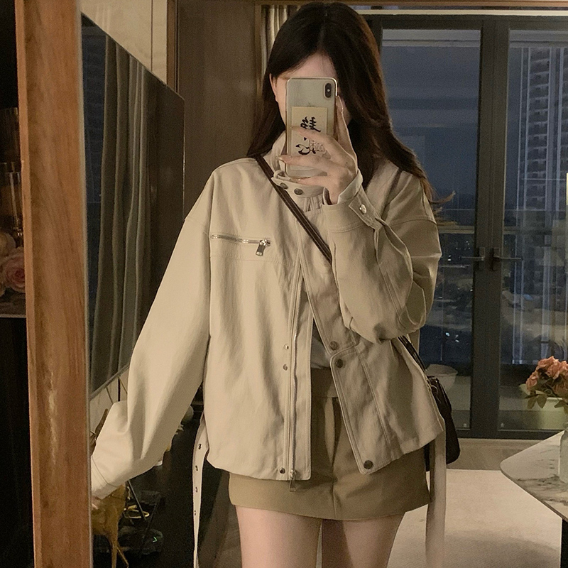 Autumn short coat cstand collar leather coat for women