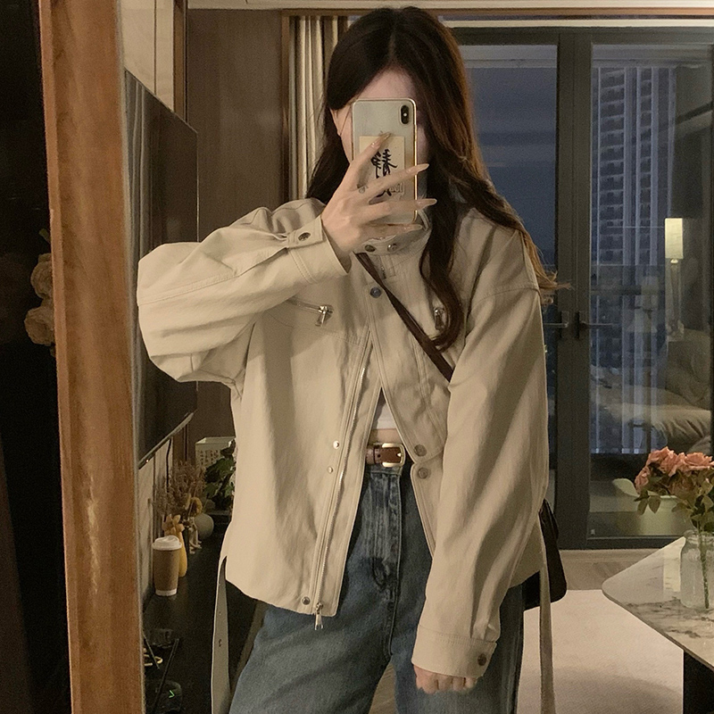 Autumn short coat cstand collar leather coat for women