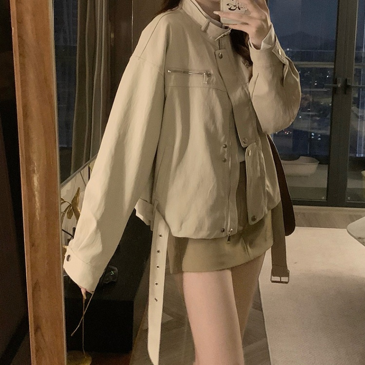 Autumn short coat cstand collar leather coat for women