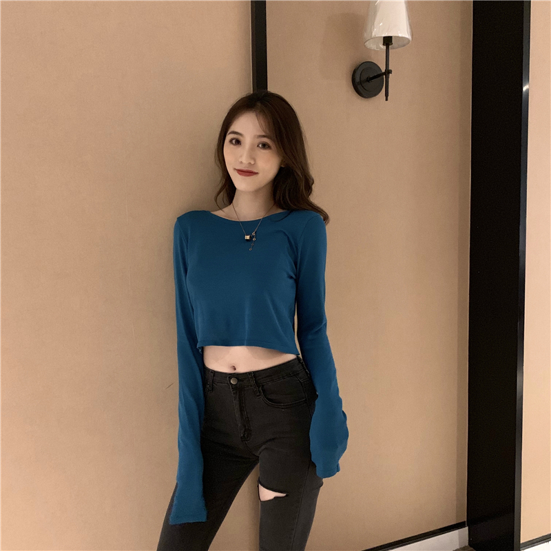 Round neck knitted short long sleeve basis T-shirt