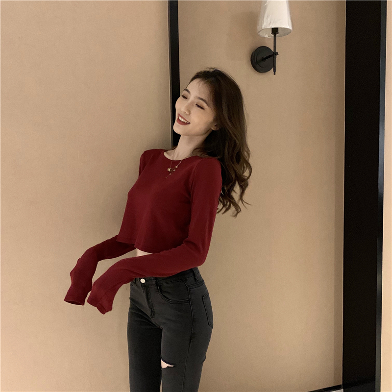 Round neck knitted short long sleeve basis T-shirt
