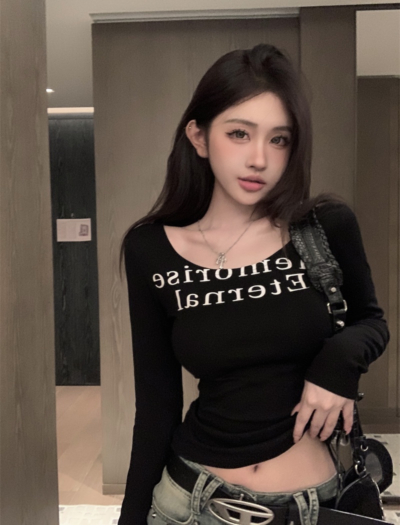 Korean style retro tops letters slim T-shirt