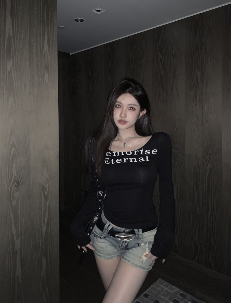 Korean style retro tops letters slim T-shirt