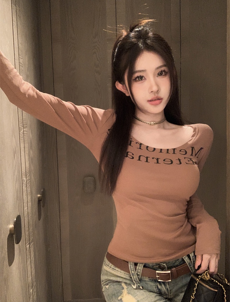 Korean style retro tops letters slim T-shirt