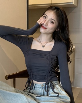 Short slim tops autumn drawstring bottoming shirt