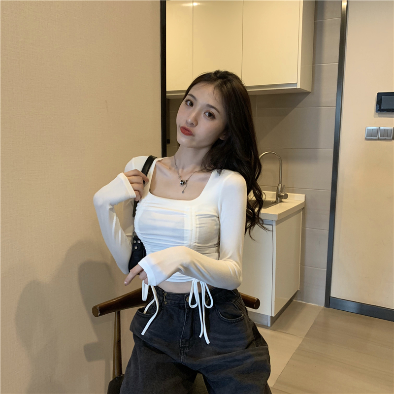 Short slim tops autumn drawstring bottoming shirt