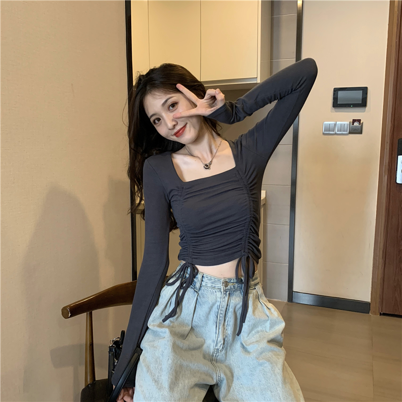 Short slim tops autumn drawstring bottoming shirt