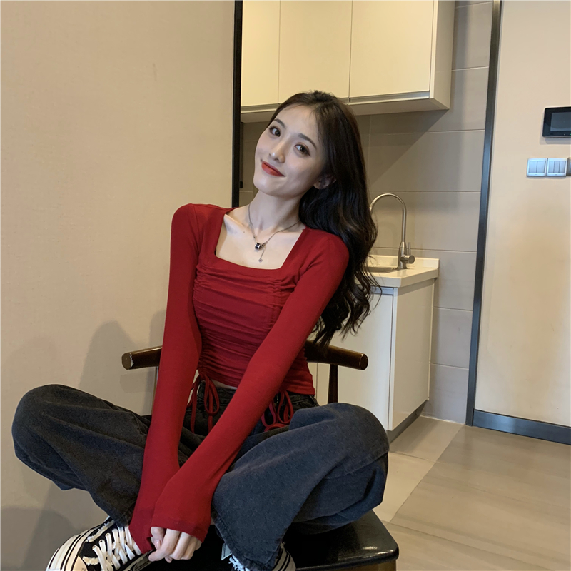 Short slim tops autumn drawstring bottoming shirt