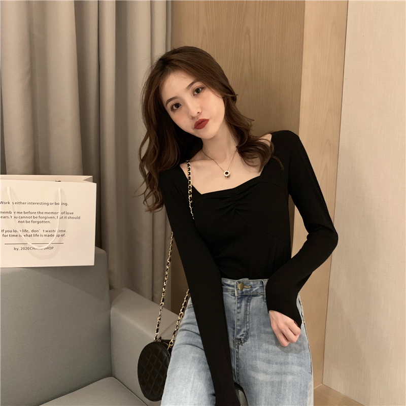 Long sleeve sexy T-shirt square collar autumn tops
