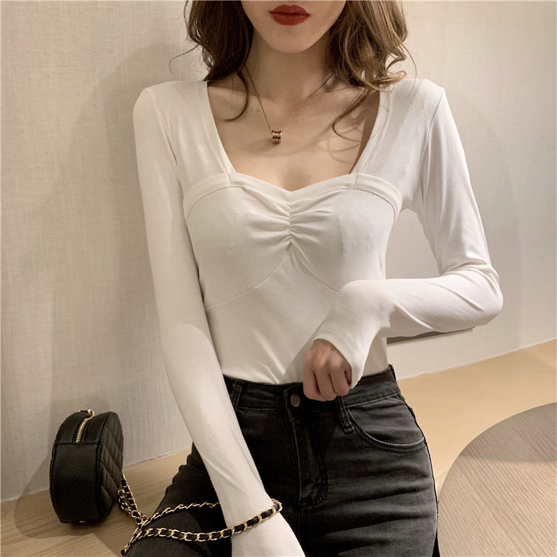 Long sleeve sexy T-shirt square collar autumn tops