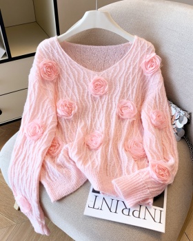 Knitted sweet autumn tops temperament flowers loose sweater