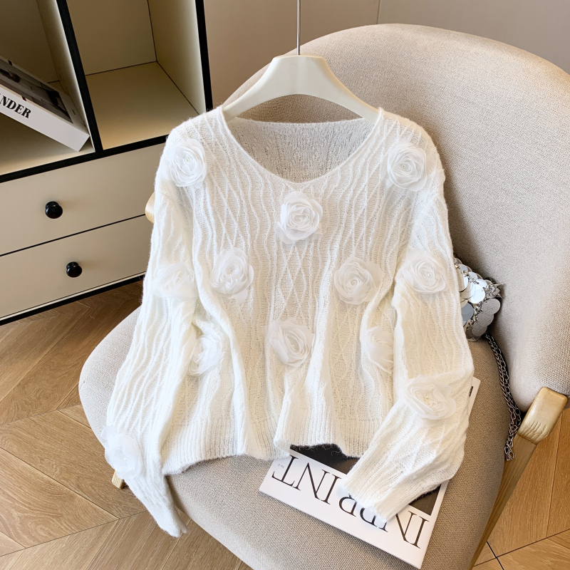 Knitted sweet autumn tops temperament flowers loose sweater