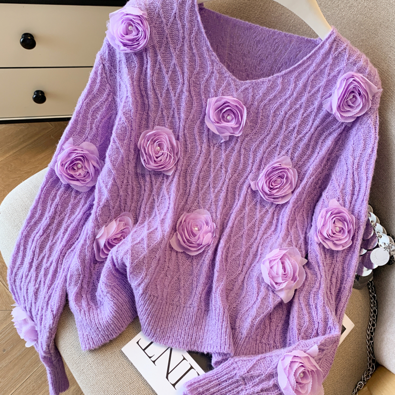 Knitted sweet autumn tops temperament flowers loose sweater