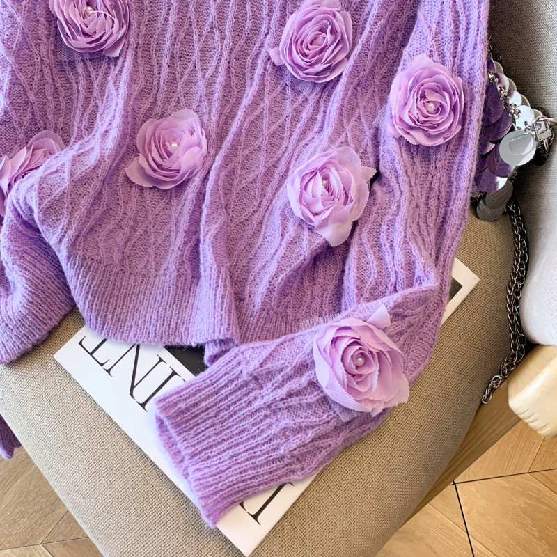 Knitted sweet autumn tops temperament flowers loose sweater