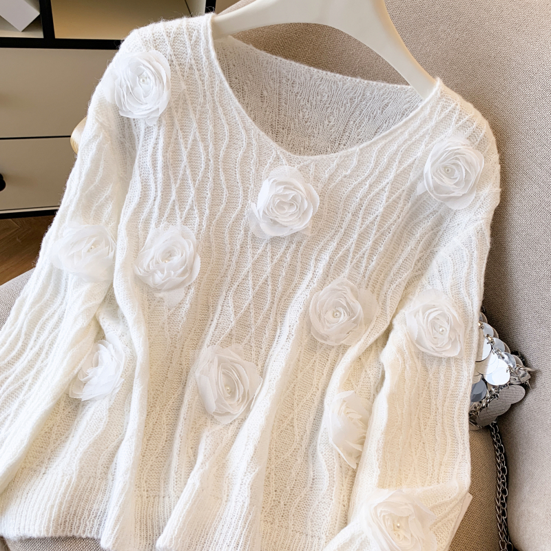 Knitted sweet autumn tops temperament flowers loose sweater