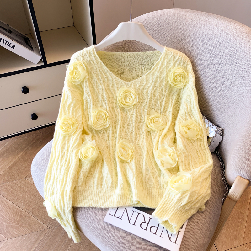 Knitted sweet autumn tops temperament flowers loose sweater