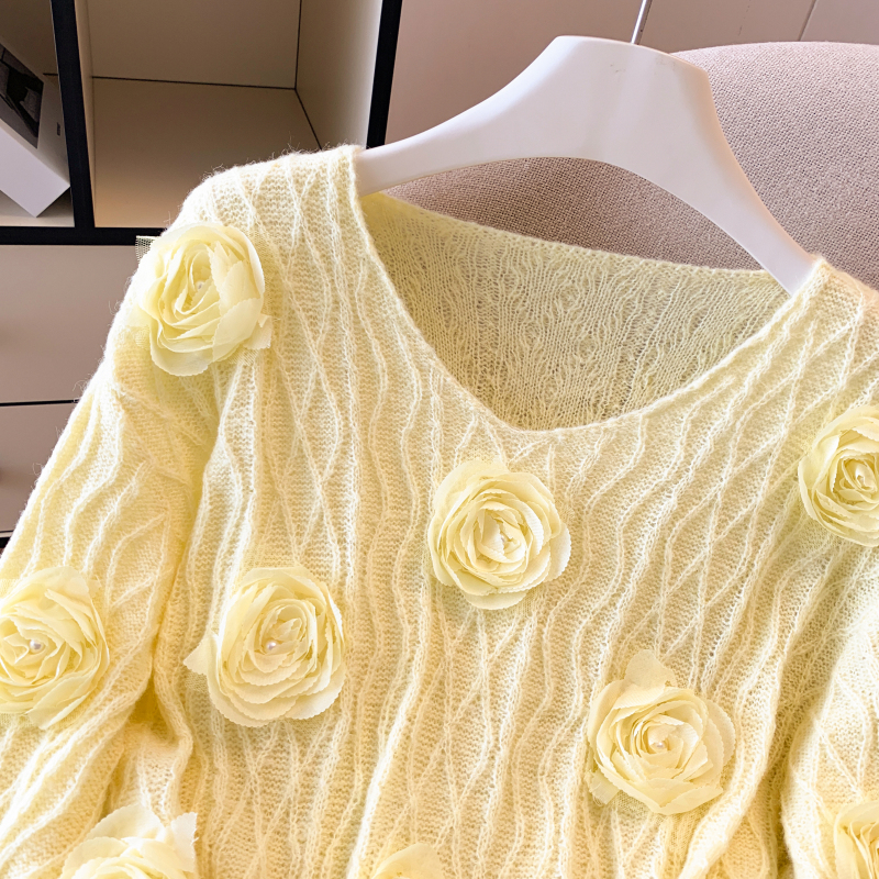 Knitted sweet autumn tops temperament flowers loose sweater