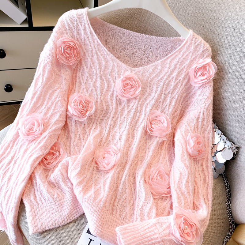 Knitted sweet autumn tops temperament flowers loose sweater