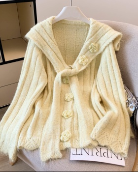 Navy collar flowers knitted show young blending sweater