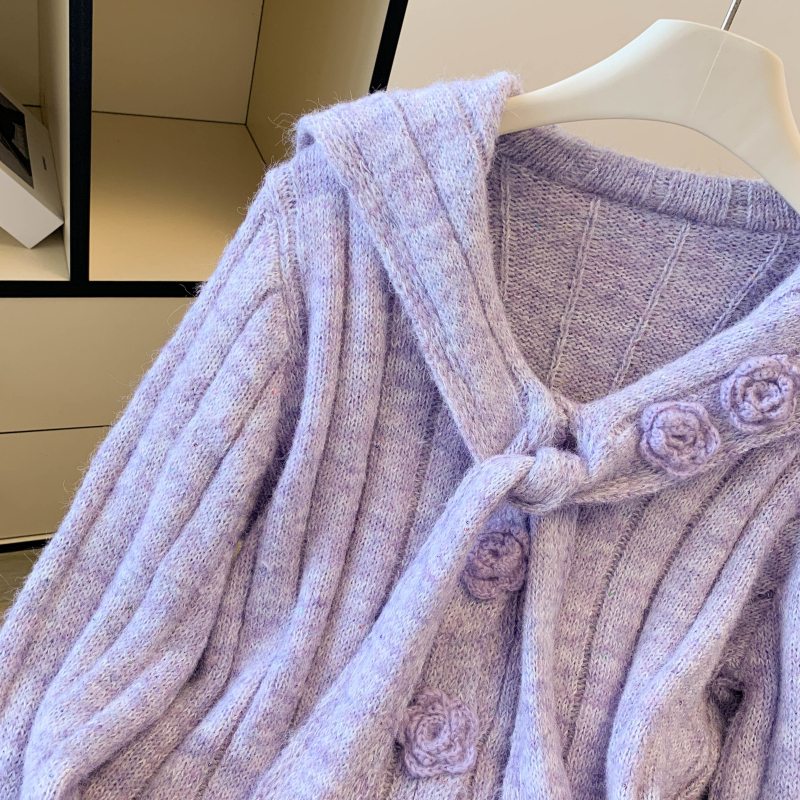 Navy collar flowers knitted show young blending sweater