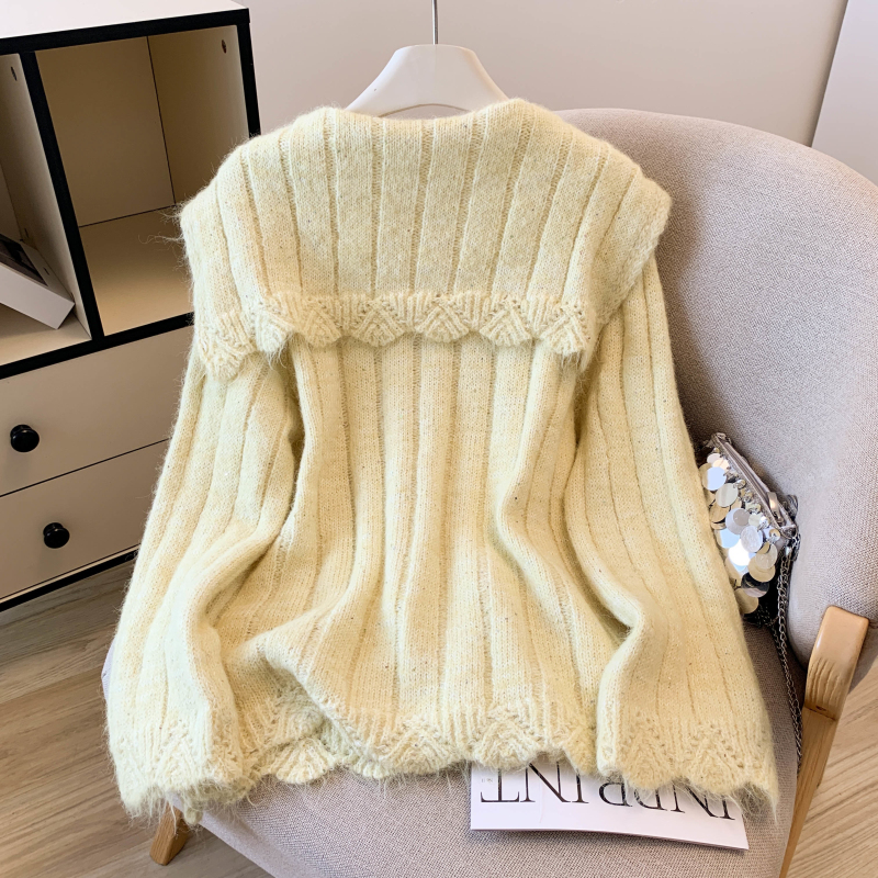 Navy collar flowers knitted show young blending sweater
