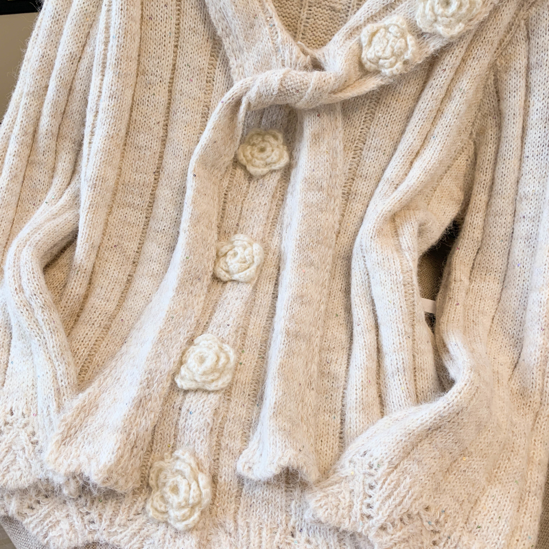 Navy collar flowers knitted show young blending sweater