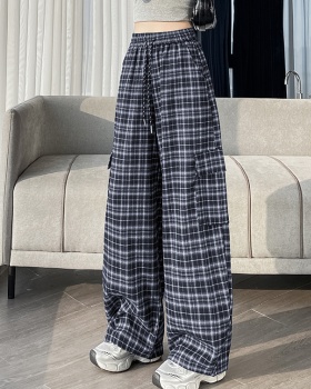 Plaid autumn work clothing drawstring retro wide leg pants