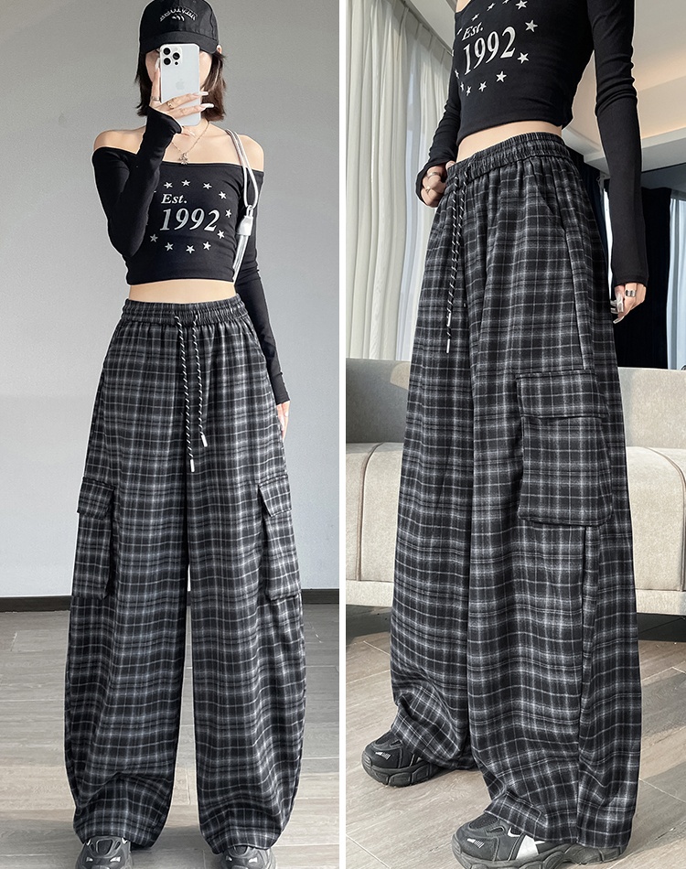 Plaid autumn work clothing drawstring retro wide leg pants