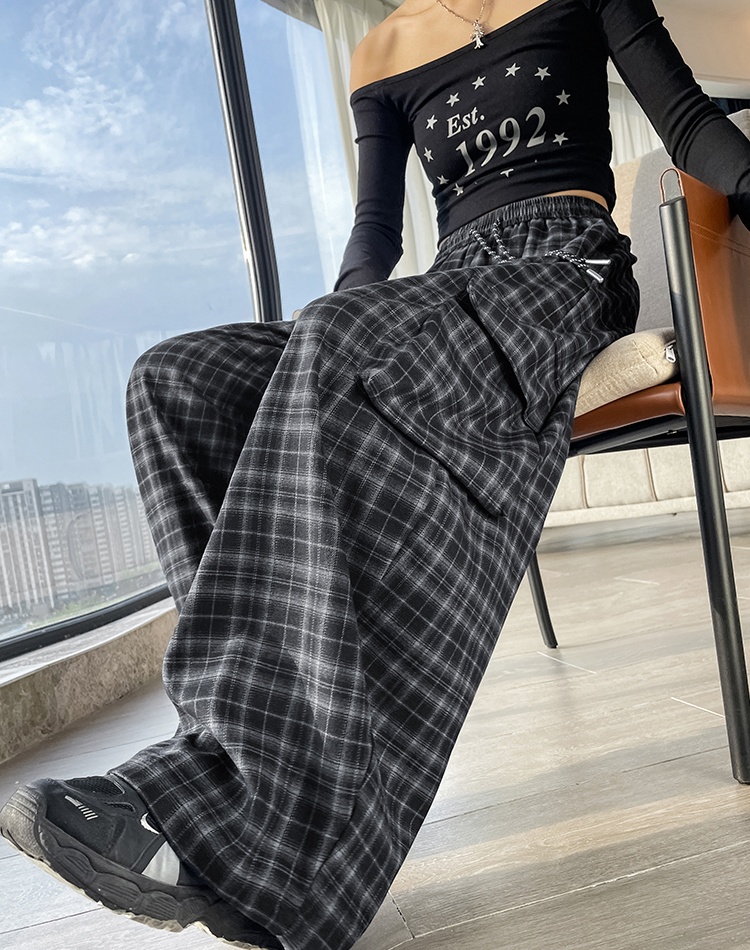 Plaid autumn work clothing drawstring retro wide leg pants