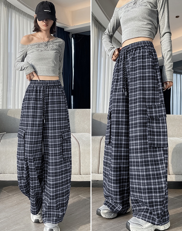 Plaid autumn work clothing drawstring retro wide leg pants