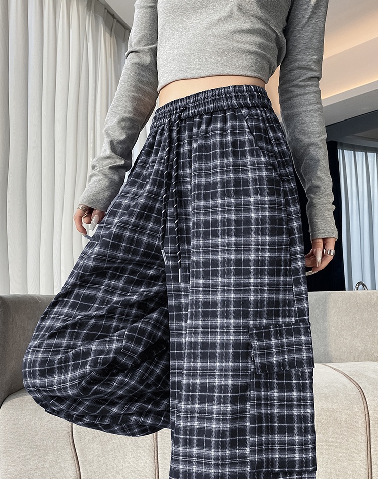 Plaid autumn work clothing drawstring retro wide leg pants