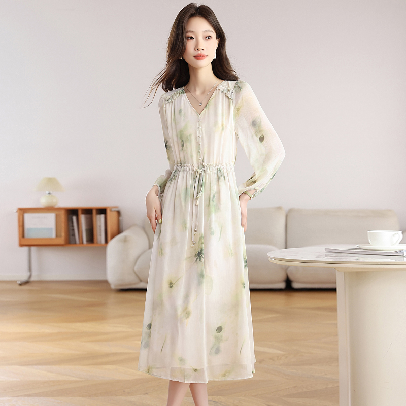 Long sleeve fashion dress V-neck long dress for women