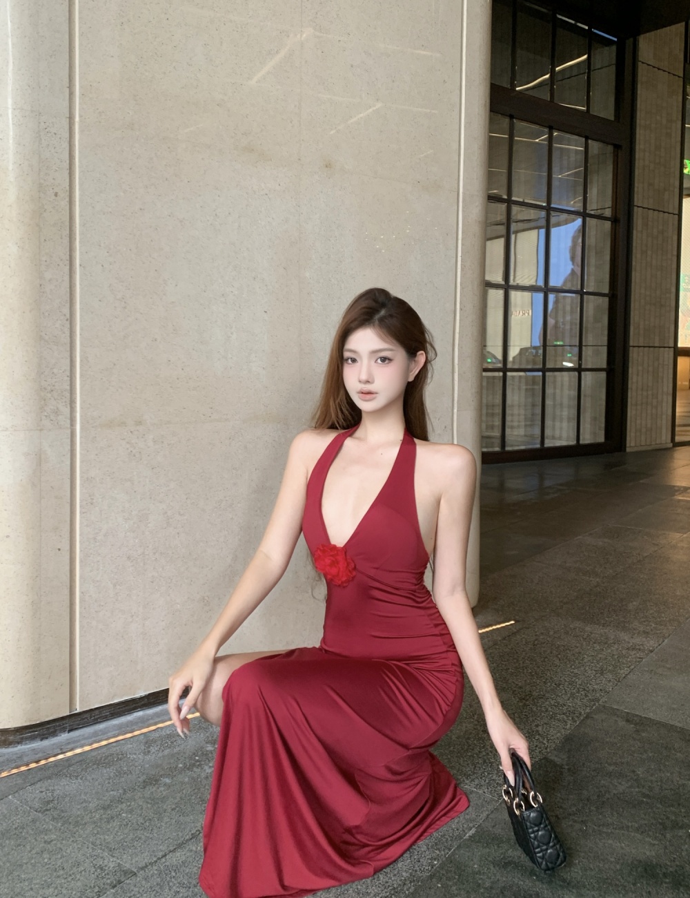 Fashion sexy formal dress flowers V-neck long dress for women