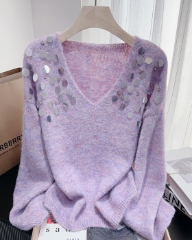 V-neck niche slim tops pullover lazy rhinestone sweater