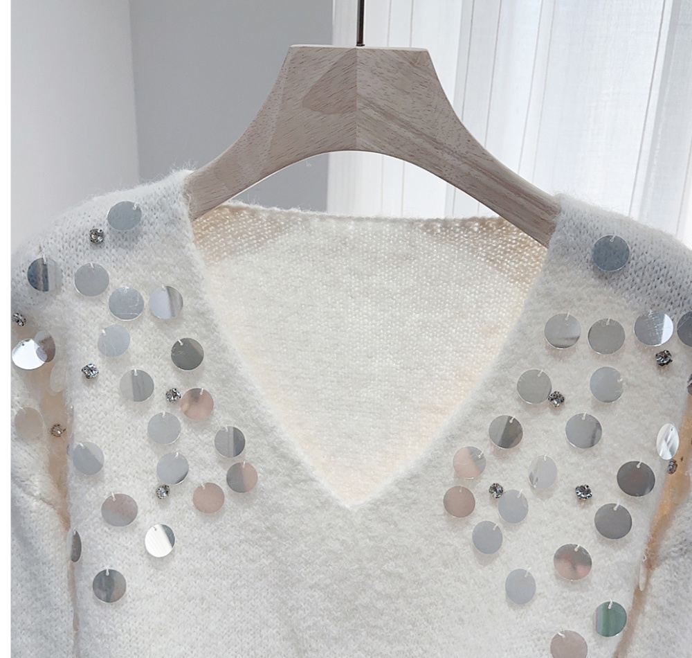 V-neck niche slim tops pullover lazy rhinestone sweater