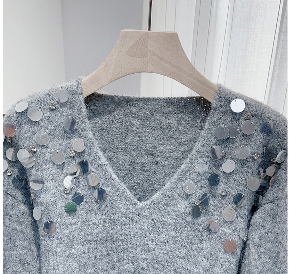 V-neck niche slim tops pullover lazy rhinestone sweater