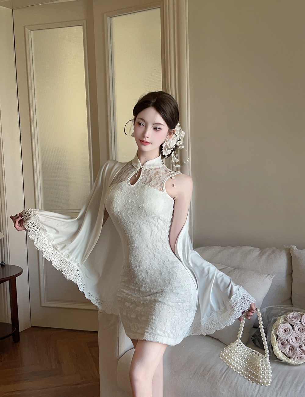 Lace T-back pinched waist vest a set for women