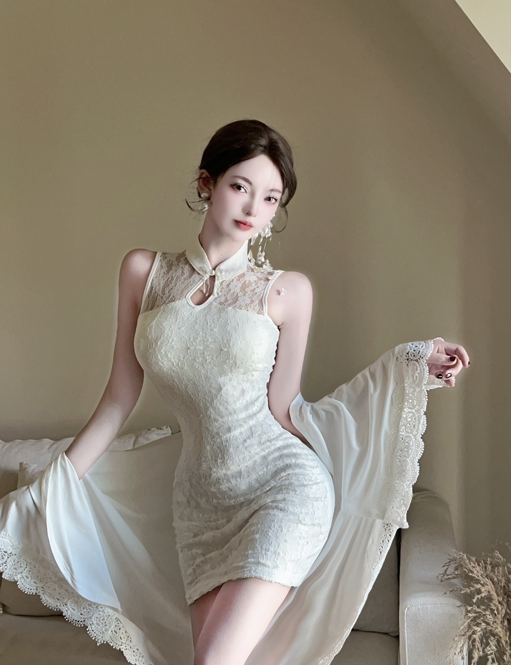 Lace T-back pinched waist vest a set for women