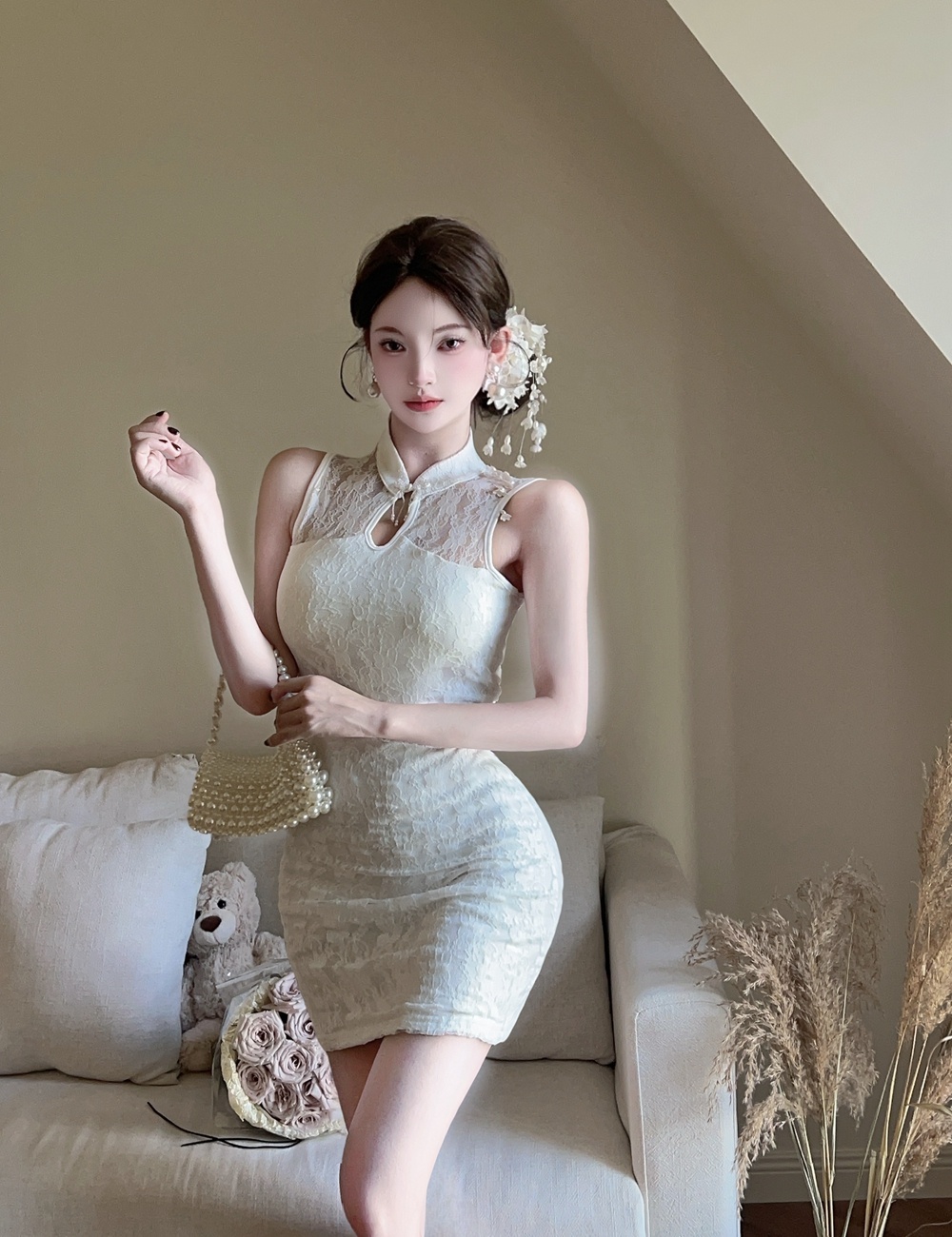 Lace T-back pinched waist vest a set for women