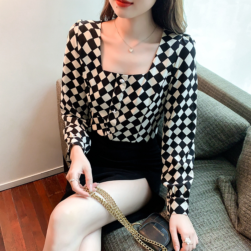 Niche square collar long sleeve shirt short autumn tops