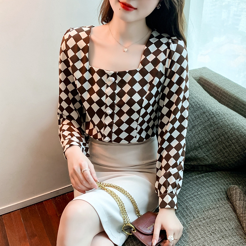 Niche square collar long sleeve shirt short autumn tops