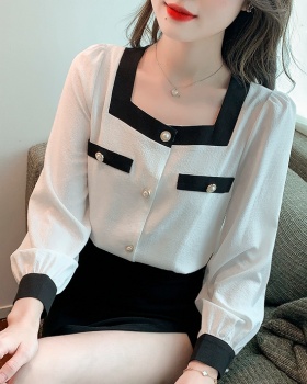 Long sleeve retro chiffon square collar mixed colors tops