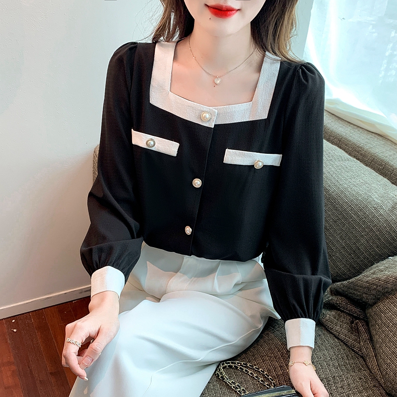 Long sleeve retro chiffon square collar mixed colors tops