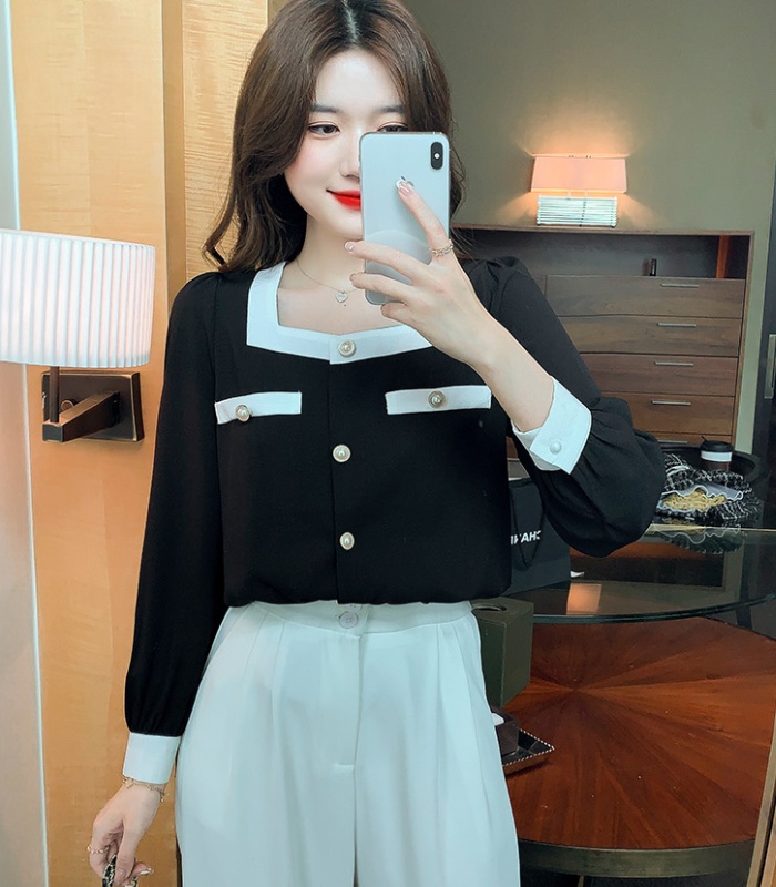 Long sleeve retro chiffon square collar mixed colors tops